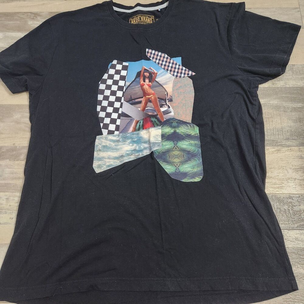 AKOO Men's 3XL Graphic Tee Black Collage Print Bikini Boat Streetwear T-Shirt